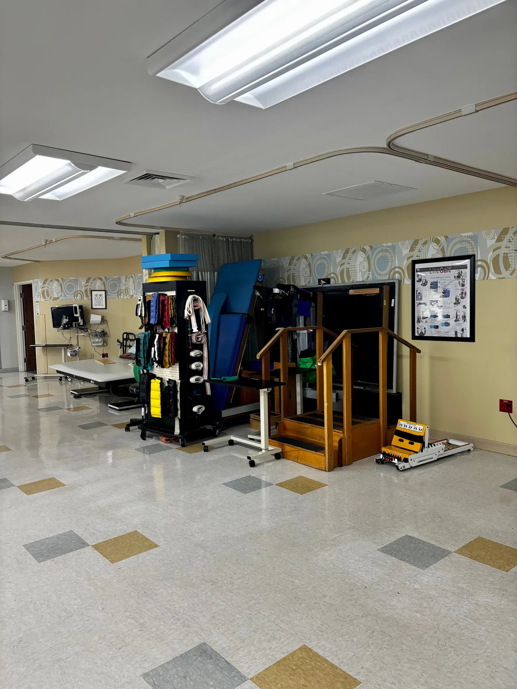 Therapy equipment at Vivo Healthcare Normandy, stacked beside the training stairs